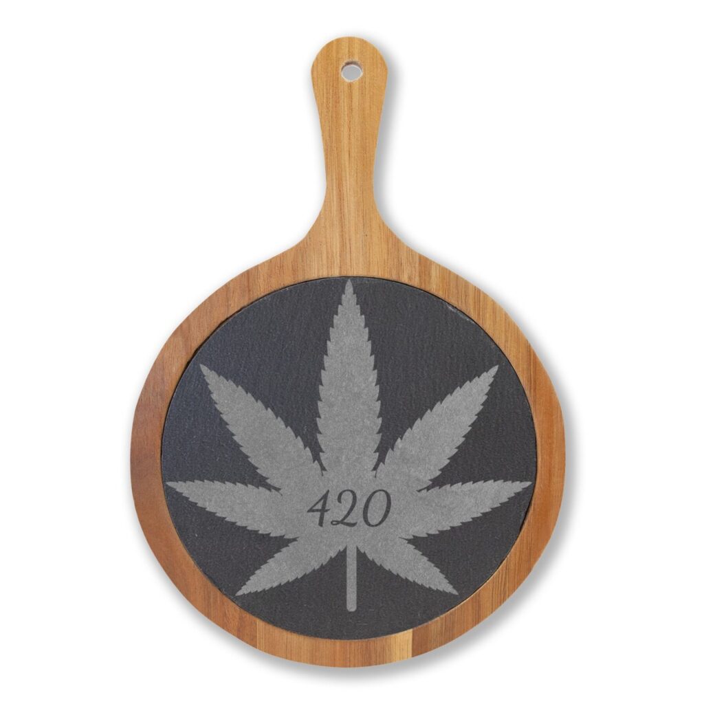 engraved 420 cannabis charcuterie board with slate insert & cheese knives