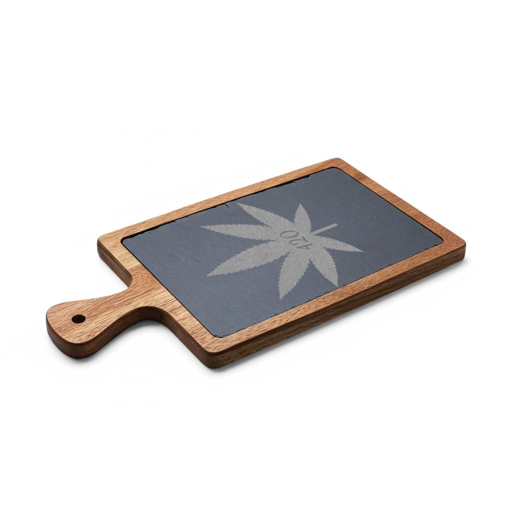 engraved 420 cannabis charcuterie board with slate insert & cheese knives