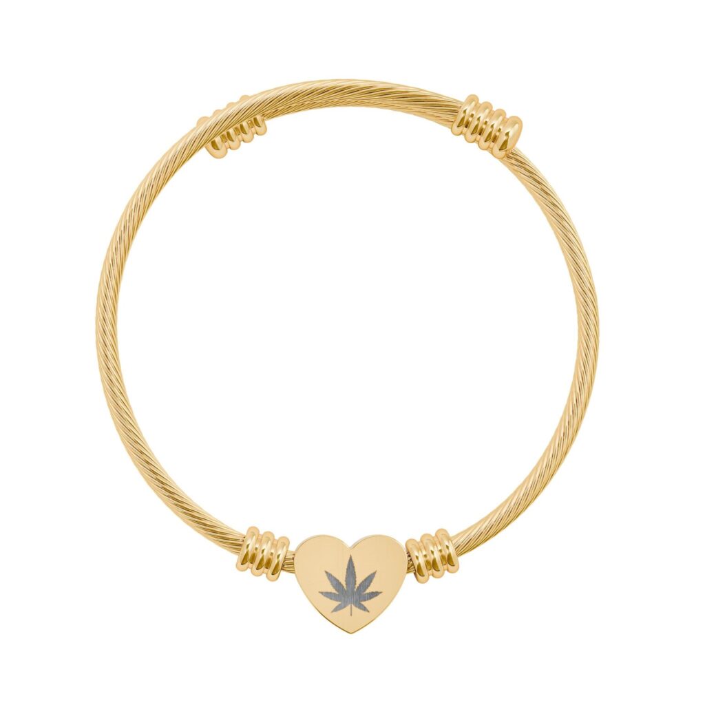 engravable heart cuff bracelet — heart charm with leaf engraving (silver or gold)