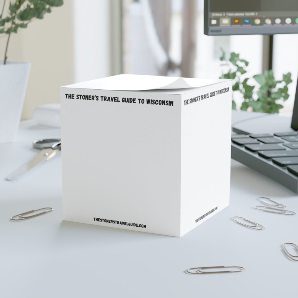 note cube — "the stoner's travel guide to wisconsin" sticky memo block