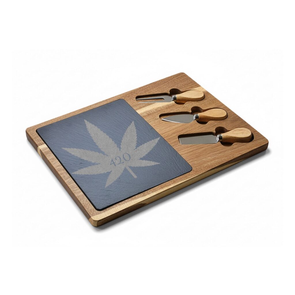 engraved 420 cannabis charcuterie board with slate insert & cheese knives