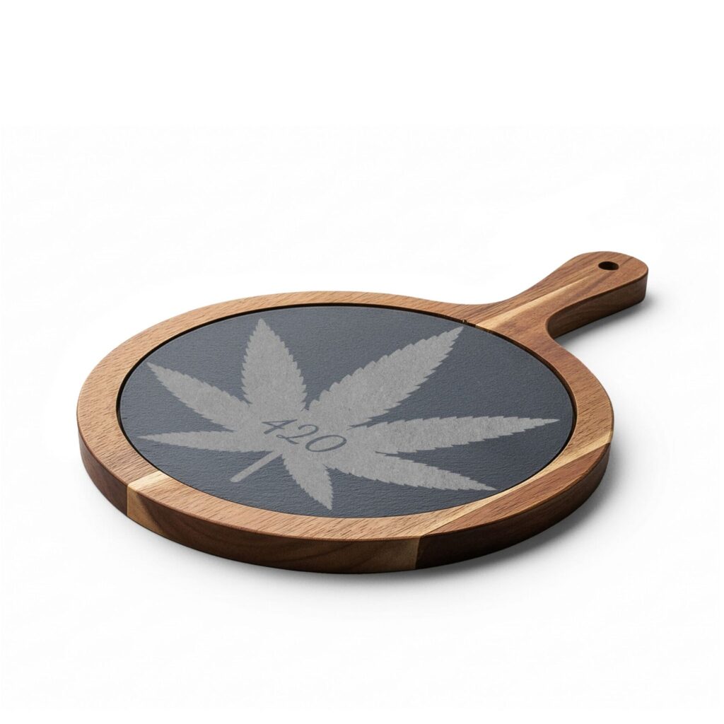 engraved 420 cannabis charcuterie board with slate insert & cheese knives