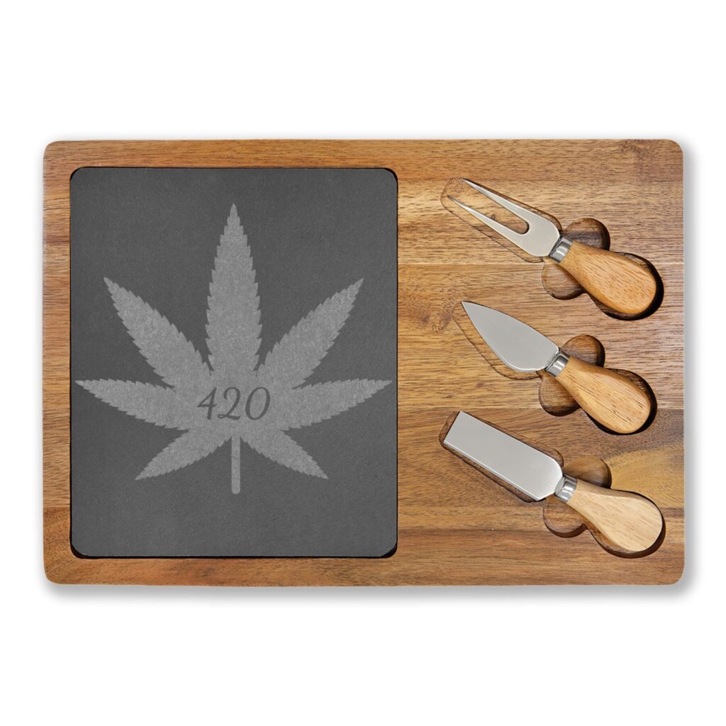 engraved 420 cannabis charcuterie board with slate insert & cheese knives