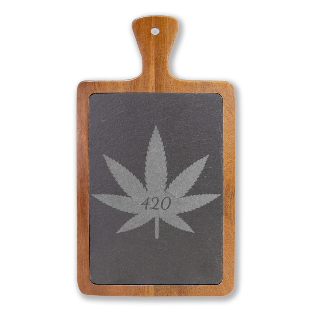 engraved 420 cannabis charcuterie board with slate insert & cheese knives