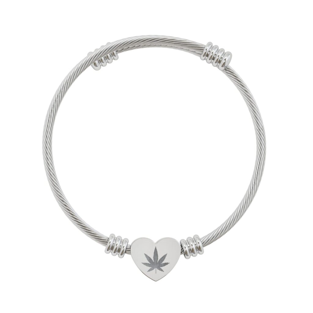 engravable heart cuff bracelet — heart charm with leaf engraving (silver or gold)