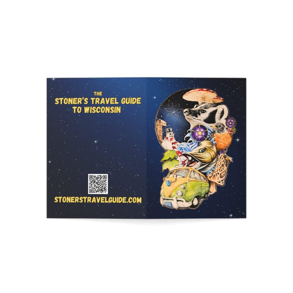 psychedelic road trip greeting card — 'the stoner’s travel guide to wisconsin'