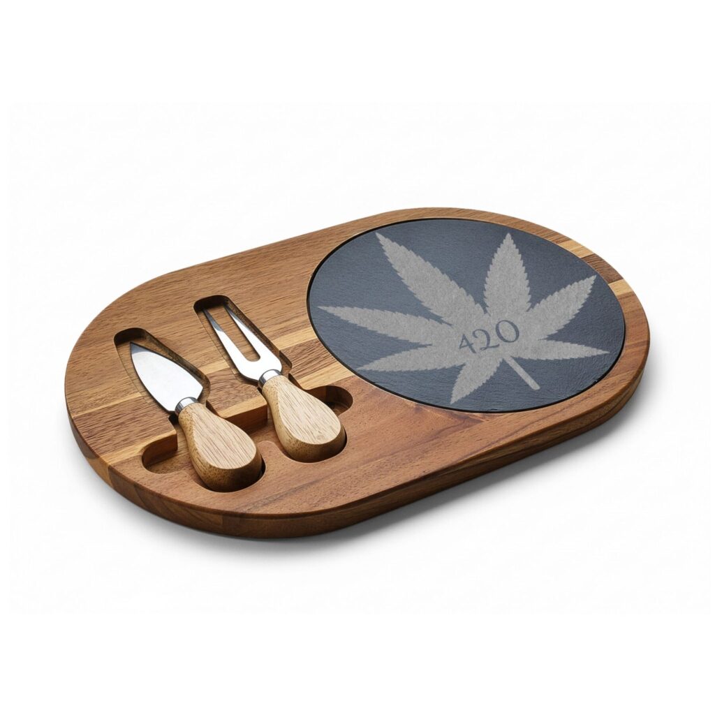 engraved 420 cannabis charcuterie board with slate insert & cheese knives
