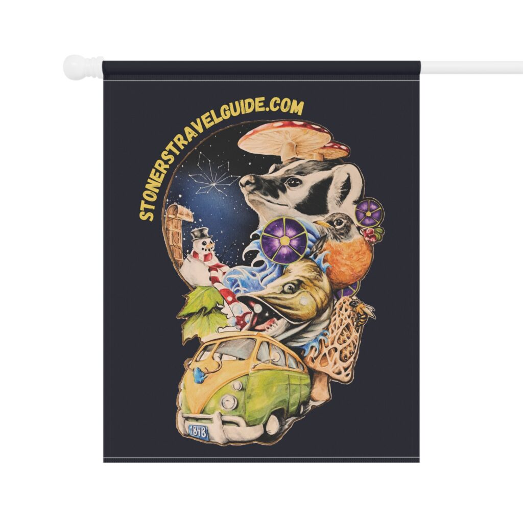 garden flag "the stoner's travel guide to wisconsin" retro road trip design