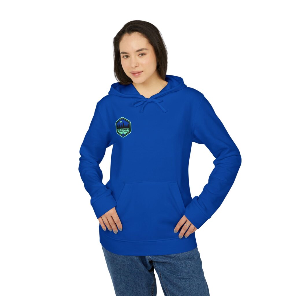 adidas unisex fleece hoodie featuring the stoner's travel guide to wisconsin cover art by travis messa