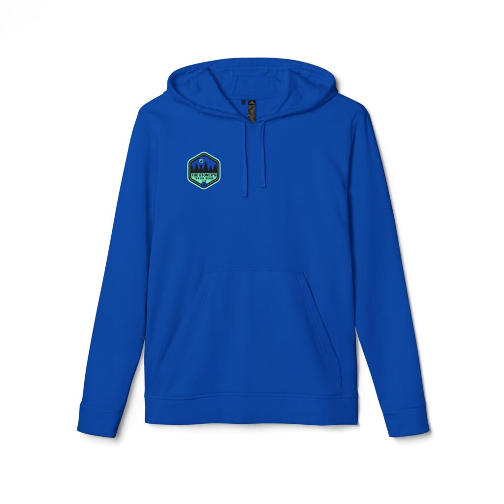 adidas unisex fleece hoodie featuring the stoner's travel guide to wisconsin cover art by travis messa