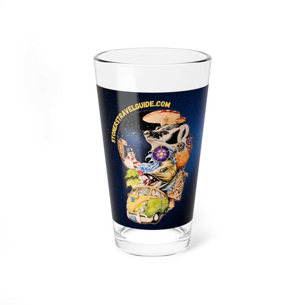 the stoner's travel guide to wisconsin mixing glass, 16oz art by travis messa