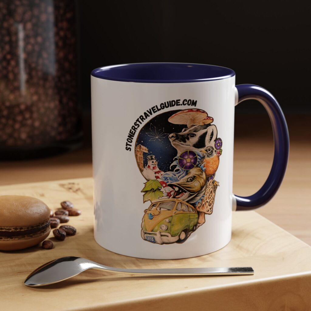 the stoner's travel guide to wisconsin accent coffee mug (11, 15oz)