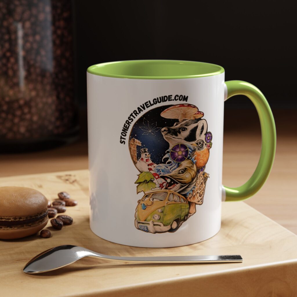 the stoner's travel guide to wisconsin accent coffee mug (11, 15oz)