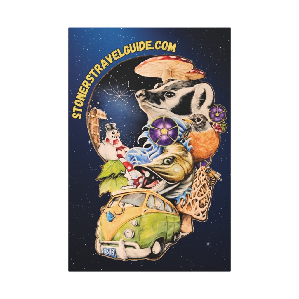 the stoner's travel guide to wisconsin psychedelic wildlife collage canvas art wrap