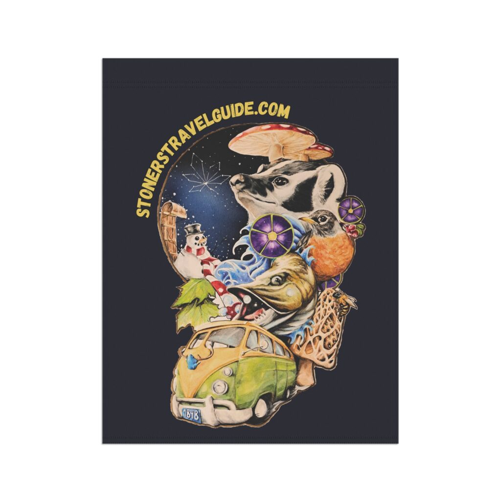 garden flag "the stoner's travel guide to wisconsin" retro road trip design