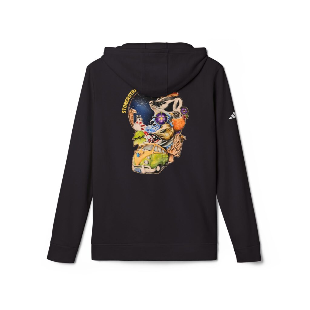 adidas unisex fleece hoodie featuring the stoner's travel guide to wisconsin cover art by travis messa