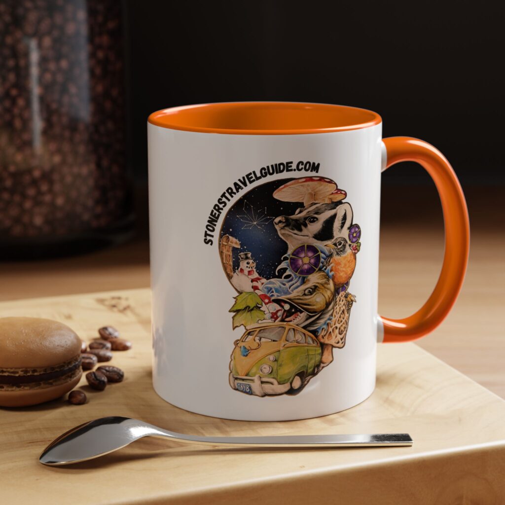 the stoner's travel guide to wisconsin accent coffee mug (11, 15oz)