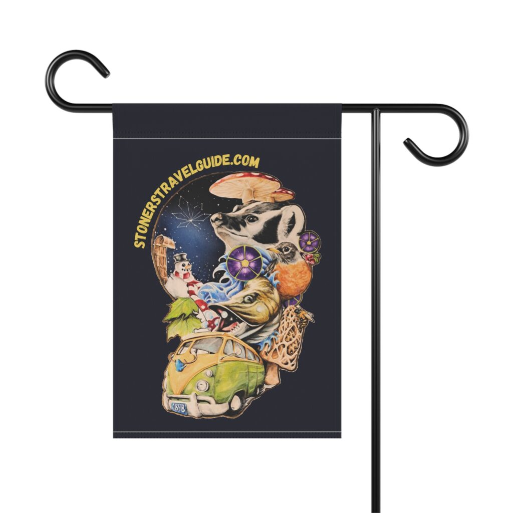 garden flag "the stoner's travel guide to wisconsin" retro road trip design
