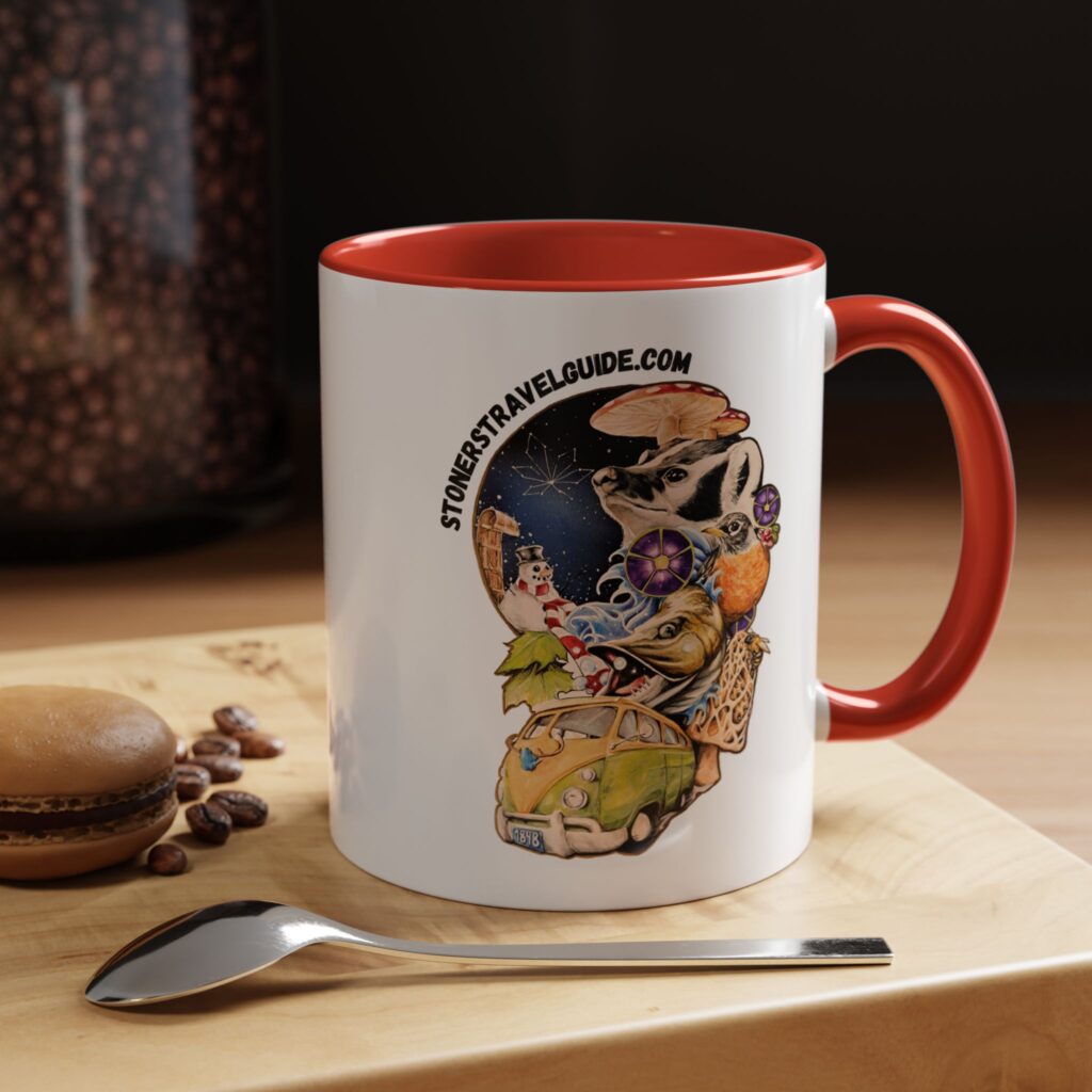 the stoner's travel guide to wisconsin accent coffee mug (11, 15oz)
