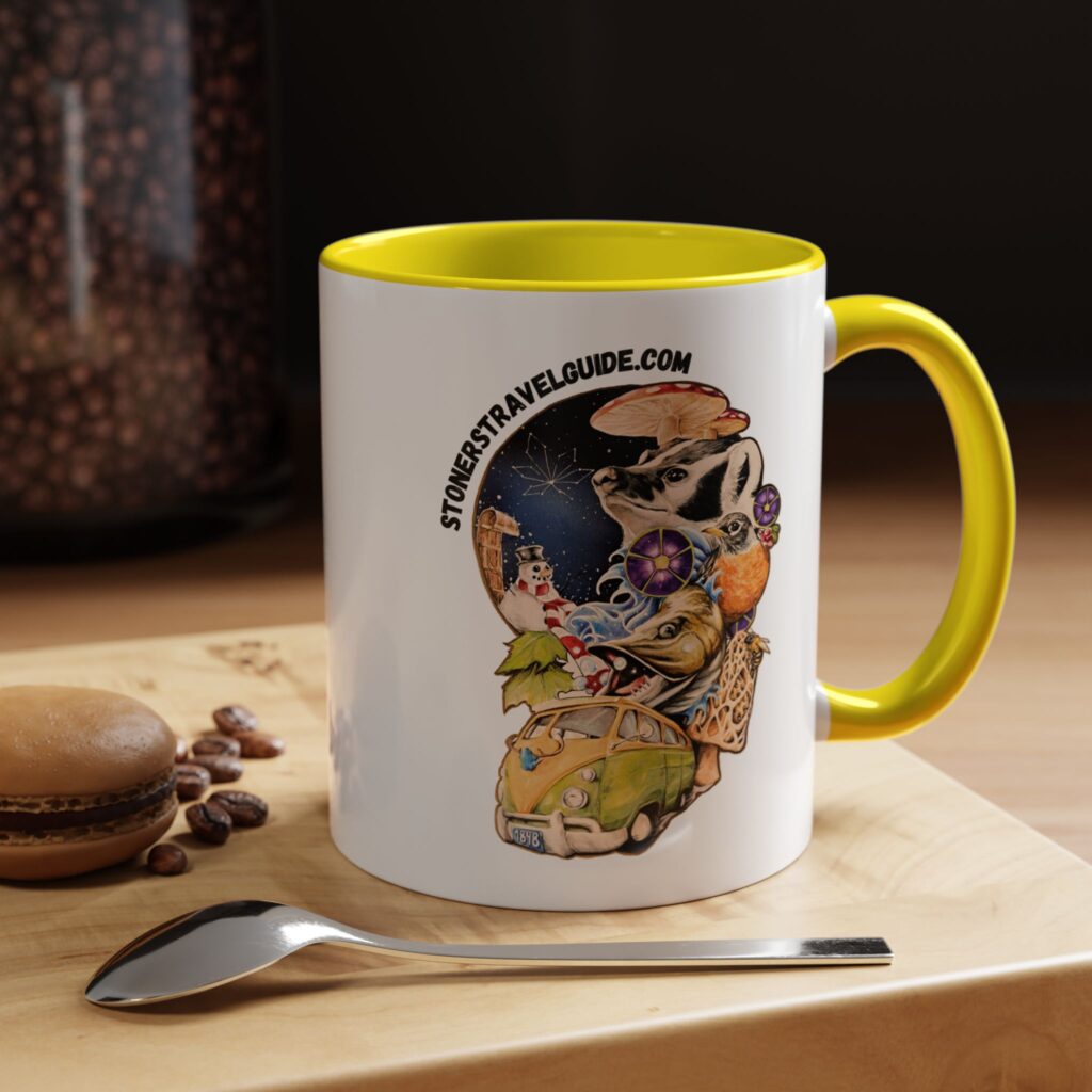 the stoner's travel guide to wisconsin accent coffee mug (11, 15oz)