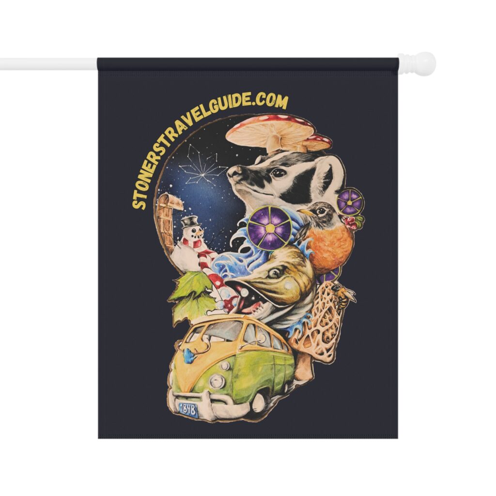garden flag "the stoner's travel guide to wisconsin" retro road trip design