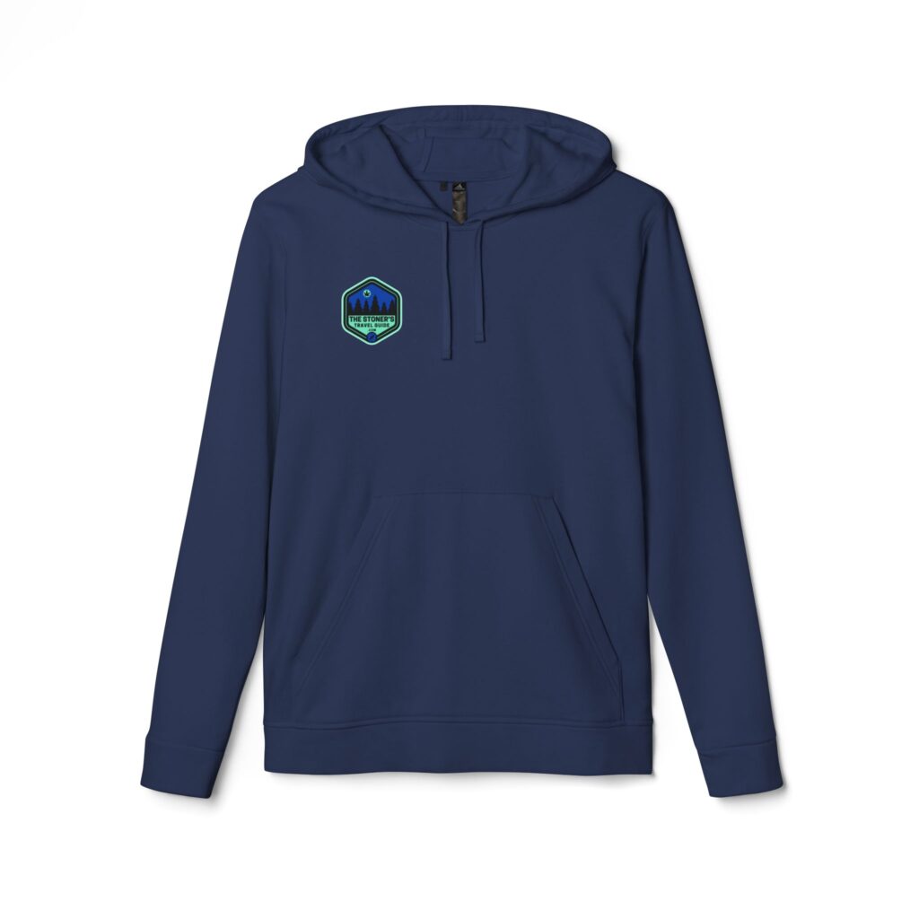 adidas unisex fleece hoodie featuring the stoner's travel guide to wisconsin cover art by travis messa