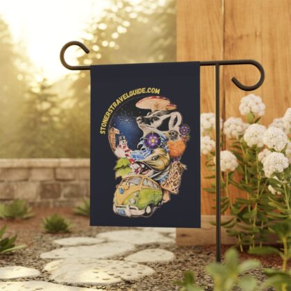 garden flag "the stoner's travel guide to wisconsin" retro road trip design