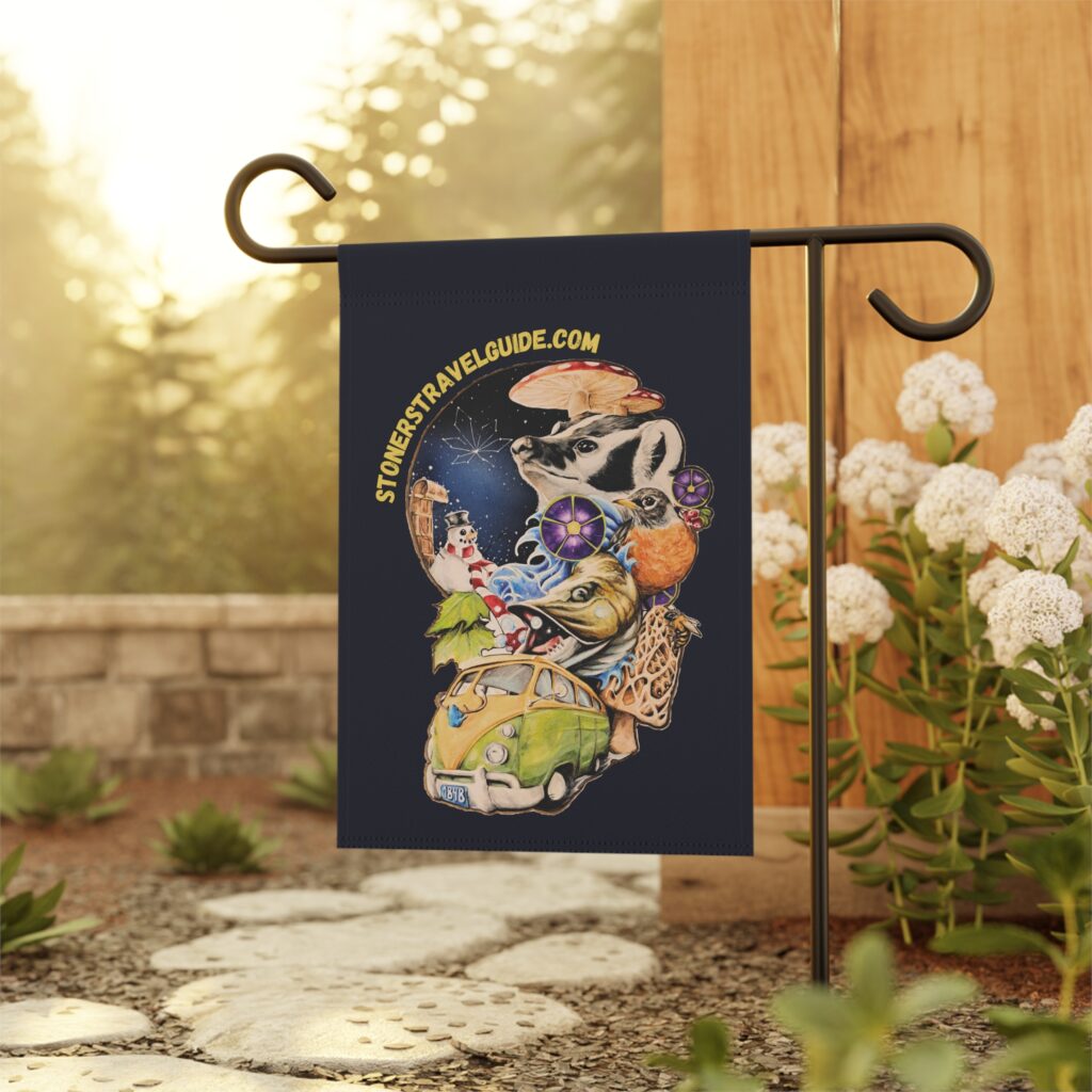 garden flag "the stoner's travel guide to wisconsin" retro road trip design