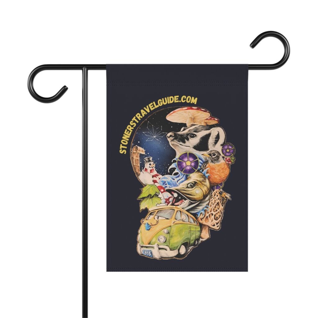 garden flag "the stoner's travel guide to wisconsin" retro road trip design