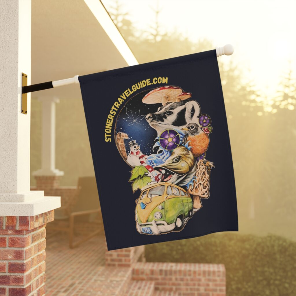 garden flag "the stoner's travel guide to wisconsin" retro road trip design